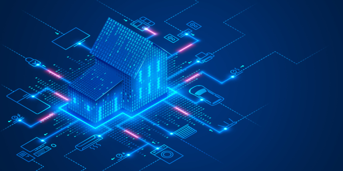 Grafik eines Hauses, das von innen blau leuchtet