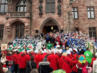 Eine Gruppe in grünen und blau-weißen Kostümen klatscht auf den Treppen vor dem Rathausportal.