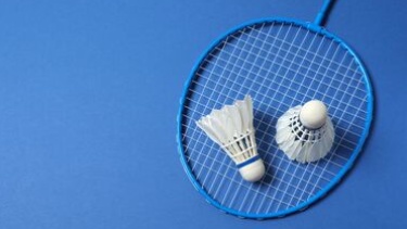 Foto eines Badmintonschlägers und zwei Federbällen Foto eines Badmintonschlägers und zwei Federbällen
